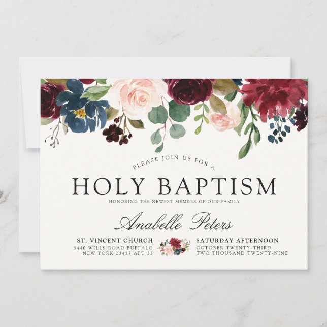 Burgundy Bouquet | Floral Holy Baptism Invitation (Front)