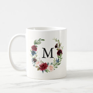 Burgundy Bouquet   Floral Monogram Coffee Mug