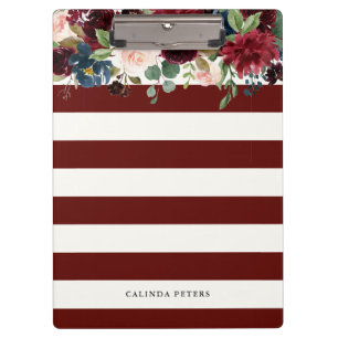 Burgundy Bouquet   Floral Stripped   Custom Name Clipboard