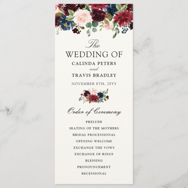 Burgundy Bouquet | Floral Wedding Program Programme (Front)