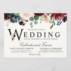 Burgundy Bouquet   Floral   Wedding Typography Invitation