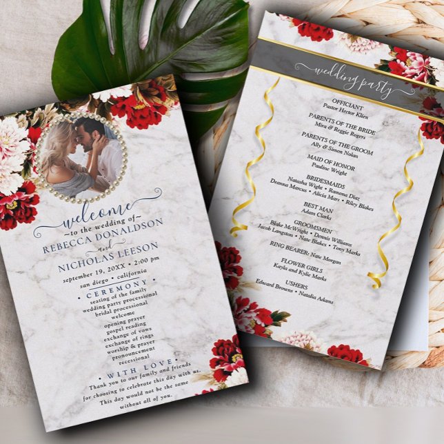 Burgundy Bouquet With Marble Wedding Program (Creator Uploaded)