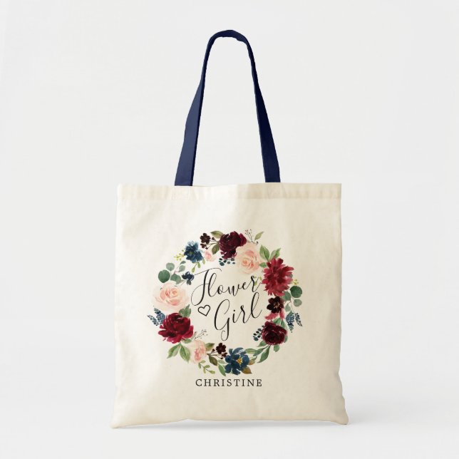 Burgundy Bouquet Wreath | Flower Girl Tote Bag (Front)