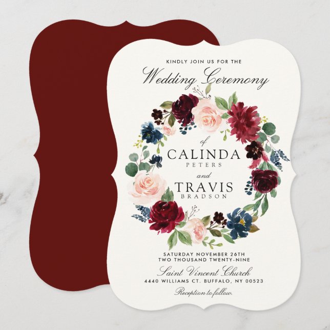 Burgundy Bouquet Wreath | Red Back Wedding Invitation (Front/Back)