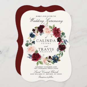Burgundy Bouquet Wreath   Red Back Wedding Invitation