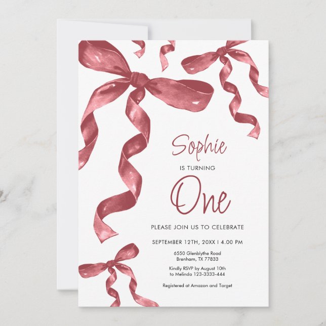  Burgundy Bow 1st Birthday Invitation (Front)