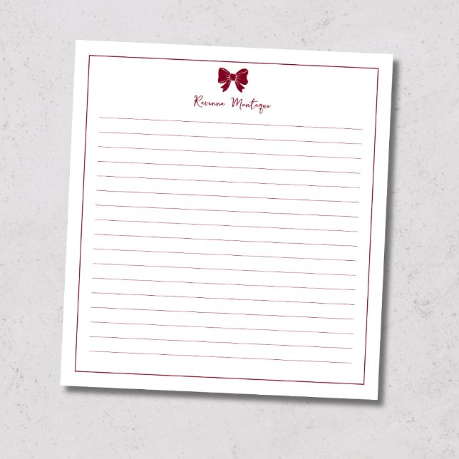 Burgundy Bow Border Custom Name Lined Notepad (Creator Uploaded)