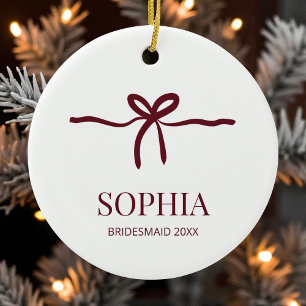 Burgundy Bow Bridesmaid Modern Minimal Name Year Ceramic Tree Decoration