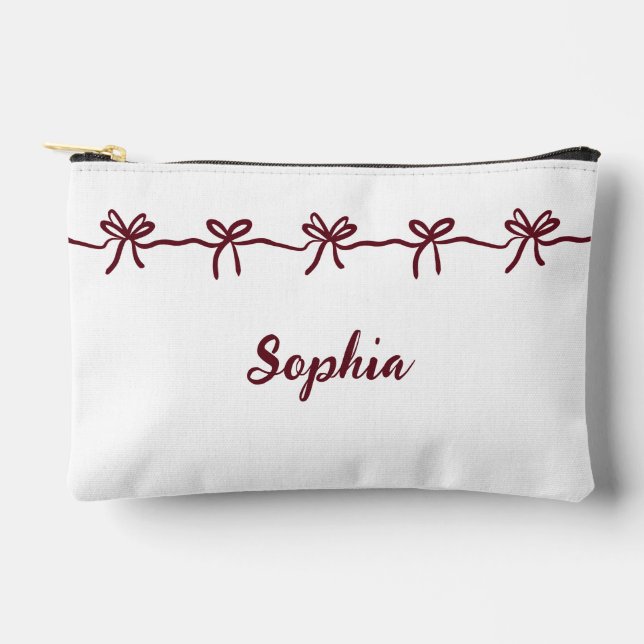 Burgundy Bow Bridesmaid Modern Script Travel Accessory Pouch (Front)