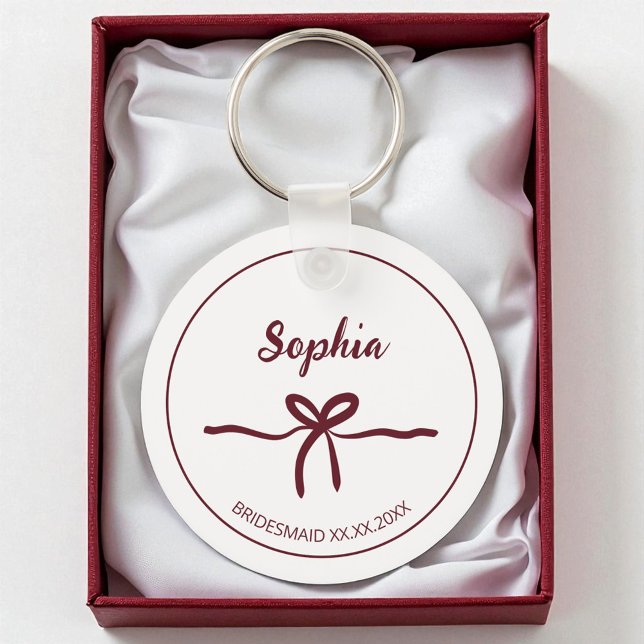 Burgundy Bow Bridesmaid Script Modern Name Date Key Ring (Burgundy Bow Bridesmaid Script Modern Name Date Keychain)