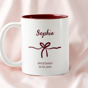 Burgundy Bow Bridesmaid Script Modern Name Date Two-Tone Coffee Mug