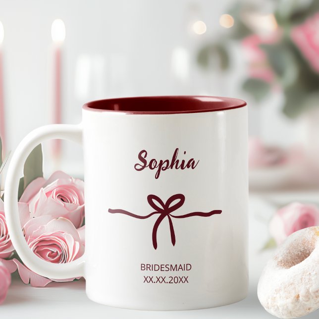 Burgundy Bow Bridesmaid Script Modern Name Date Two-Tone Coffee Mug (Burgundy Bow Bridesmaid Script Modern Name Date Two-Tone Coffee Mug)