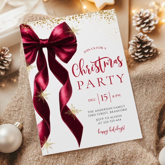 Burgundy Bow Christmas Party Invitation (Creator Uploaded)