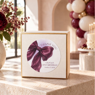 Burgundy Bow coquette Birthday Thank you Favour Classic Round Sticker