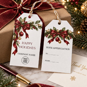 Burgundy Bow Corporate Christmas Company Logo Gift Tags