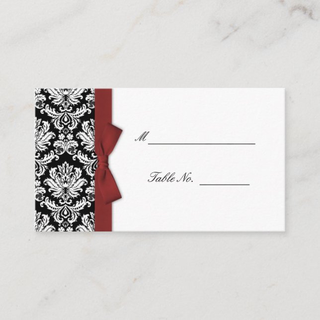 Burgundy Bow Damask Wedding Placecards (Front)