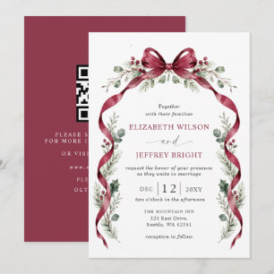 Burgundy Bow Garland Christmas QR Code Wedding Invitation