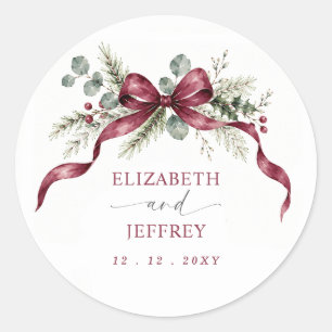 Burgundy Bow Garland Winter Christmas Wedding Classic Round Sticker