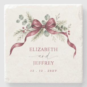 Burgundy Bow Garland Winter Christmas Wedding Stone Coaster