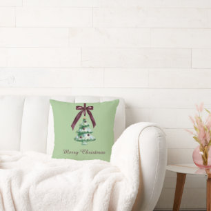 Burgundy Bow Green Christmas Tree Cushion