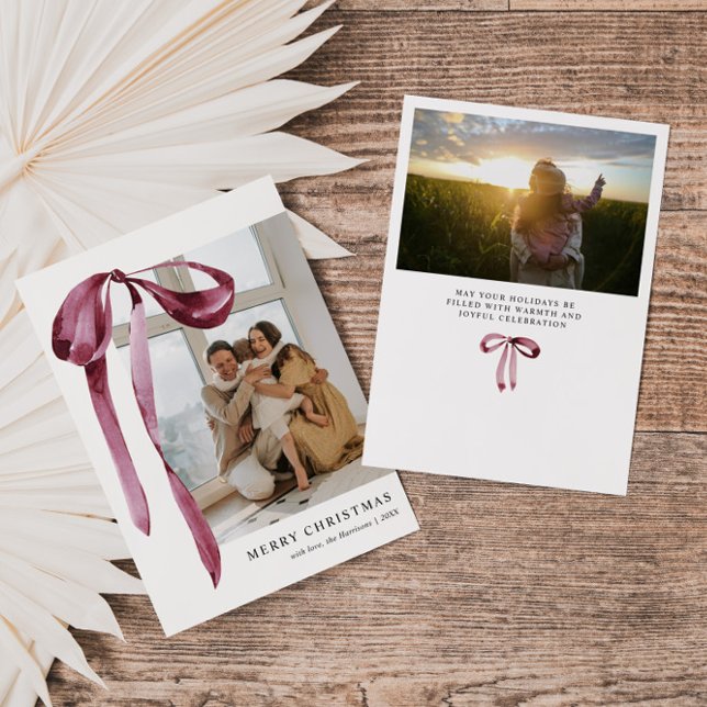 Burgundy Bow Photo Holiday Card (Creator Uploaded)