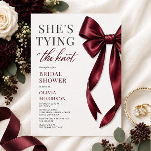 Burgundy Bow She's Tying the Knot Bridal Shower Invitation