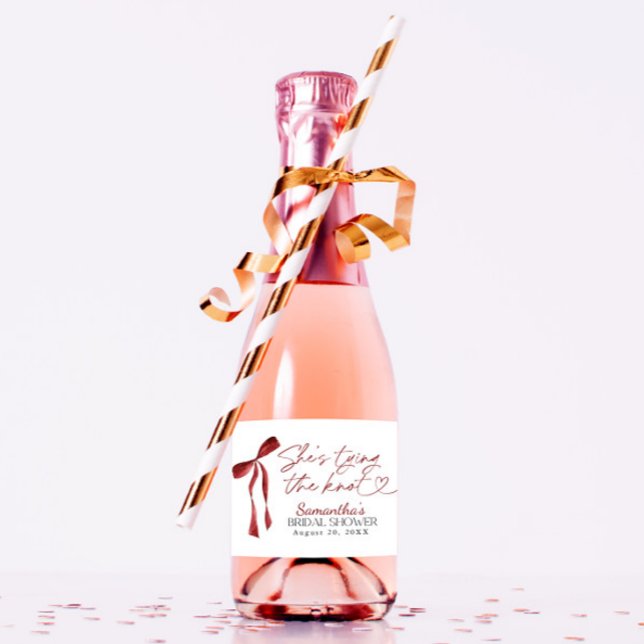 Burgundy Bow She's Tying the Knot Bridal Shower Sparkling Wine Label (Creator Uploaded)