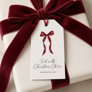 Burgundy Bow Tied With Christmas Cheer Gift Tags