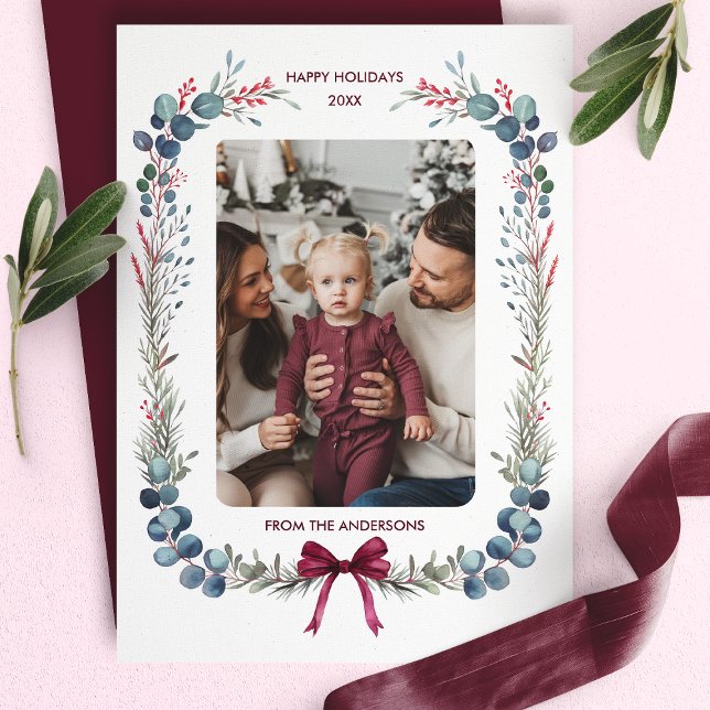 Burgundy Bow Watercolor Botanical Christmas Photo Holiday Card (Creator Uploaded)
