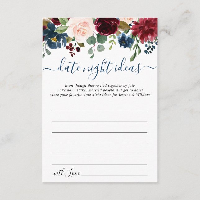 Burgundy Bridal Shower Date Night Idea Advice Card (Front)