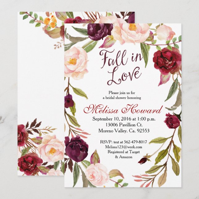 Burgundy Bridal Shower Fall in Love invitation (Front/Back)