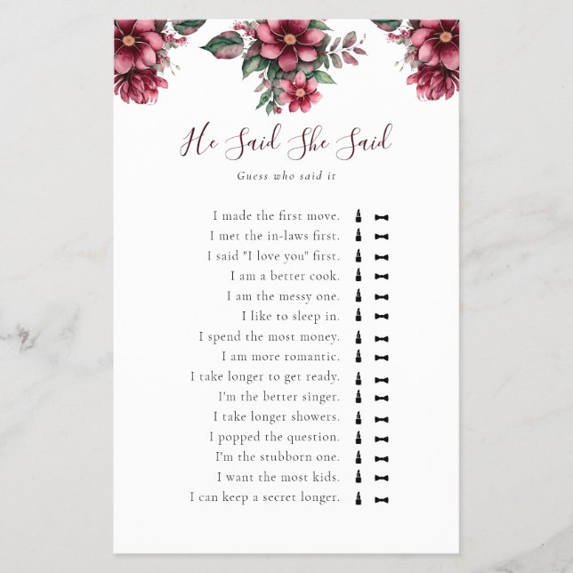 Burgundy Bridal Shower He Said She Said Game Flyer (Front)