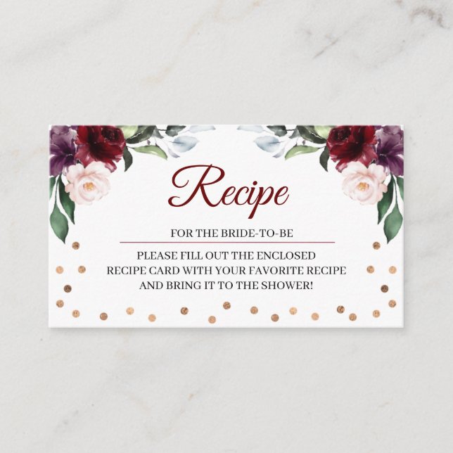 Burgundy Bridal Shower Recipe Enclosure Card (Front)
