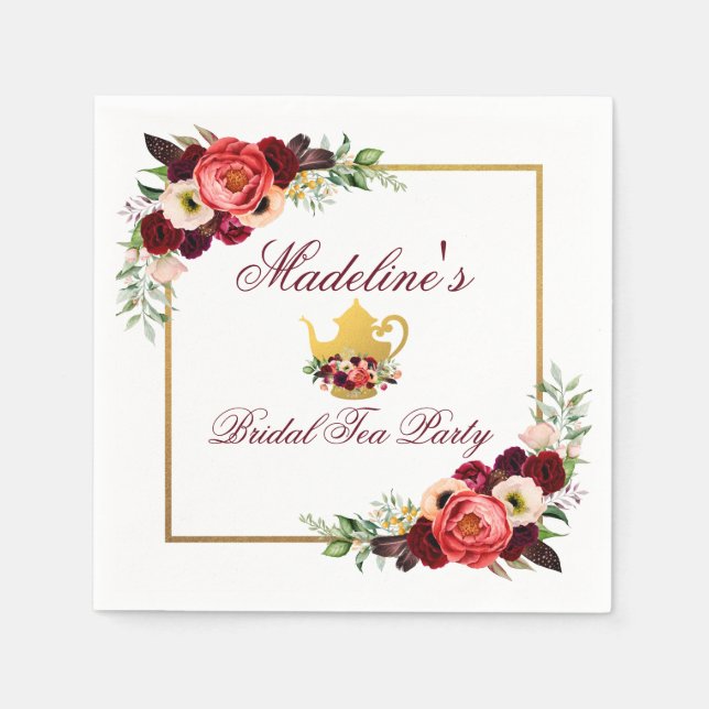 Burgundy Bridal Shower Tea Party Boho Floral Gold Napkin (Front)