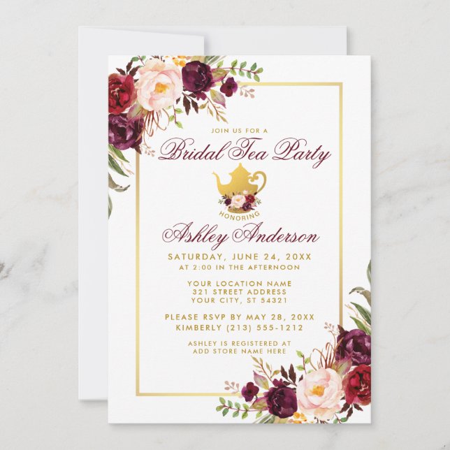 Burgundy Bridal Shower Tea Party Gold Invite (Front)