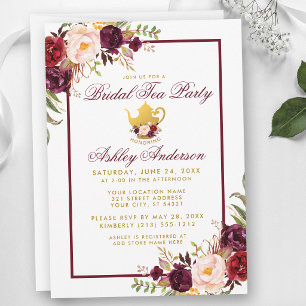 Burgundy Bridal Shower Tea Party Gold Invite FB