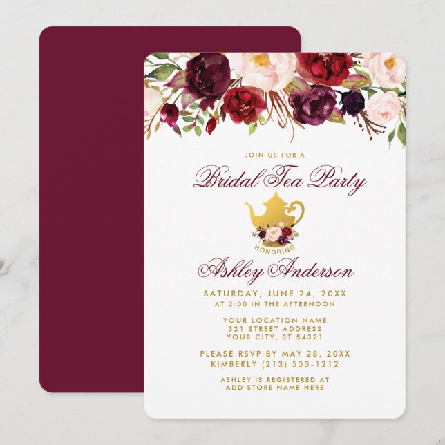 Burgundy Bridal Shower Tea Party Gold Invite RB (Front/Back)