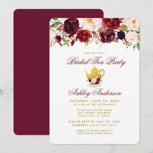Burgundy Bridal Shower Tea Party Gold Invite RB