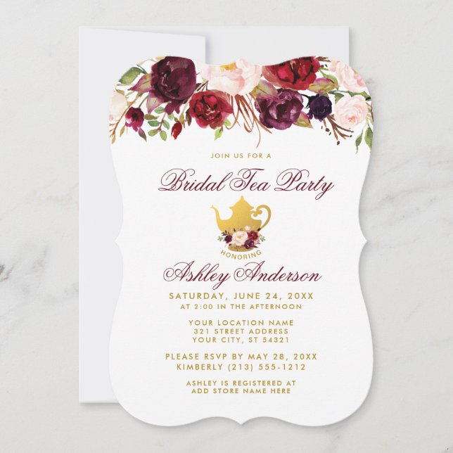 Burgundy Bridal Shower Tea Party Gold Invite WB (Front)