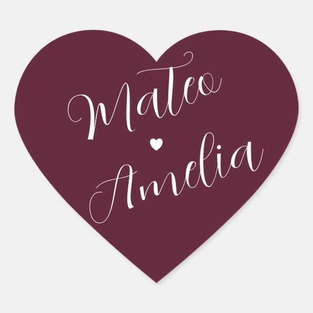 Burgundy Bride and Groom Names on Wedding Heart St Heart Sticker (Front)