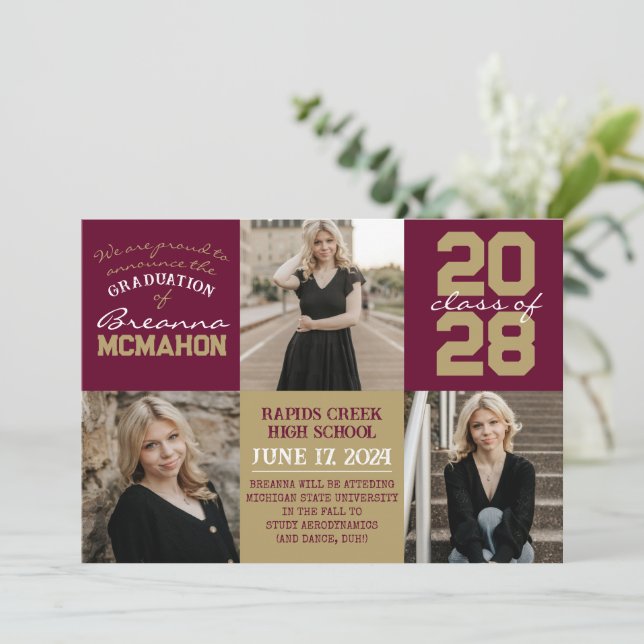 Burgundy & Bronze 4 Photo Graduation Announcement  (Standing Front)