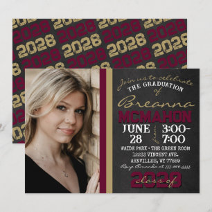 Burgundy & Bronze Gold Chalkboard Graduation Photo Invitation