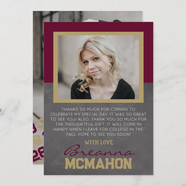 Burgundy & Bronze Graduation Photo Thank You Card (Front/Back)
