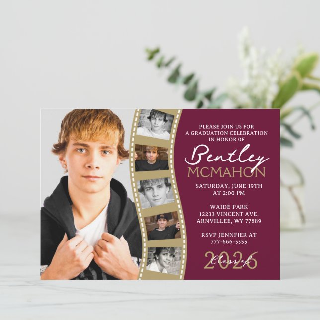 Burgundy Bronze Photo Filmstrip Graduation Collage Invitation (Standing Front)