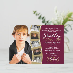 Burgundy Bronze Photo Filmstrip Graduation Collage Invitation