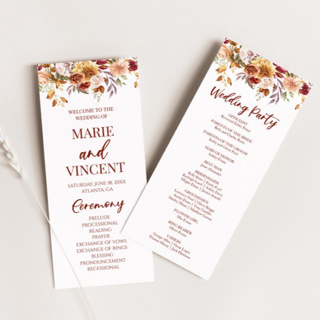 Burgundy Brown Beige Floral Flowers Wedding Programme (Creator Uploaded)