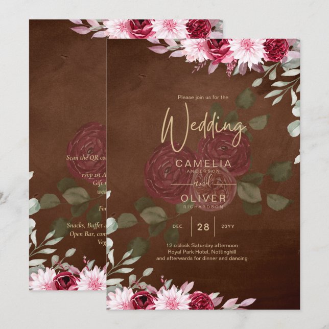 Burgundy Brown Floral Winter Fall Wedding Invite (Front/Back)