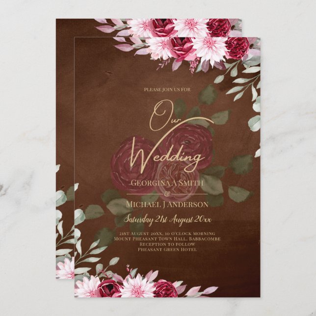 Burgundy Brown Floral Winter Fall Wedding Invite (Front/Back)