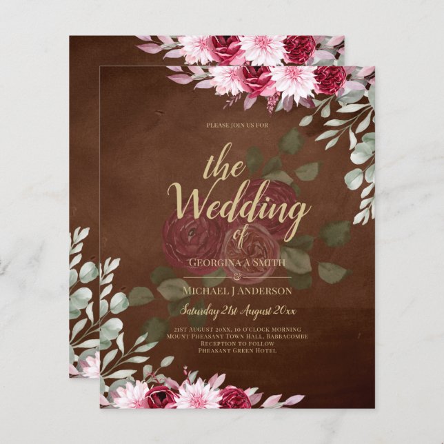 Burgundy Brown Floral Winter Fall Wedding Invite (Front/Back)