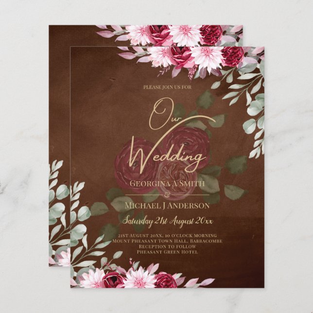 Burgundy Brown Floral Winter Fall Wedding Invite (Front/Back)